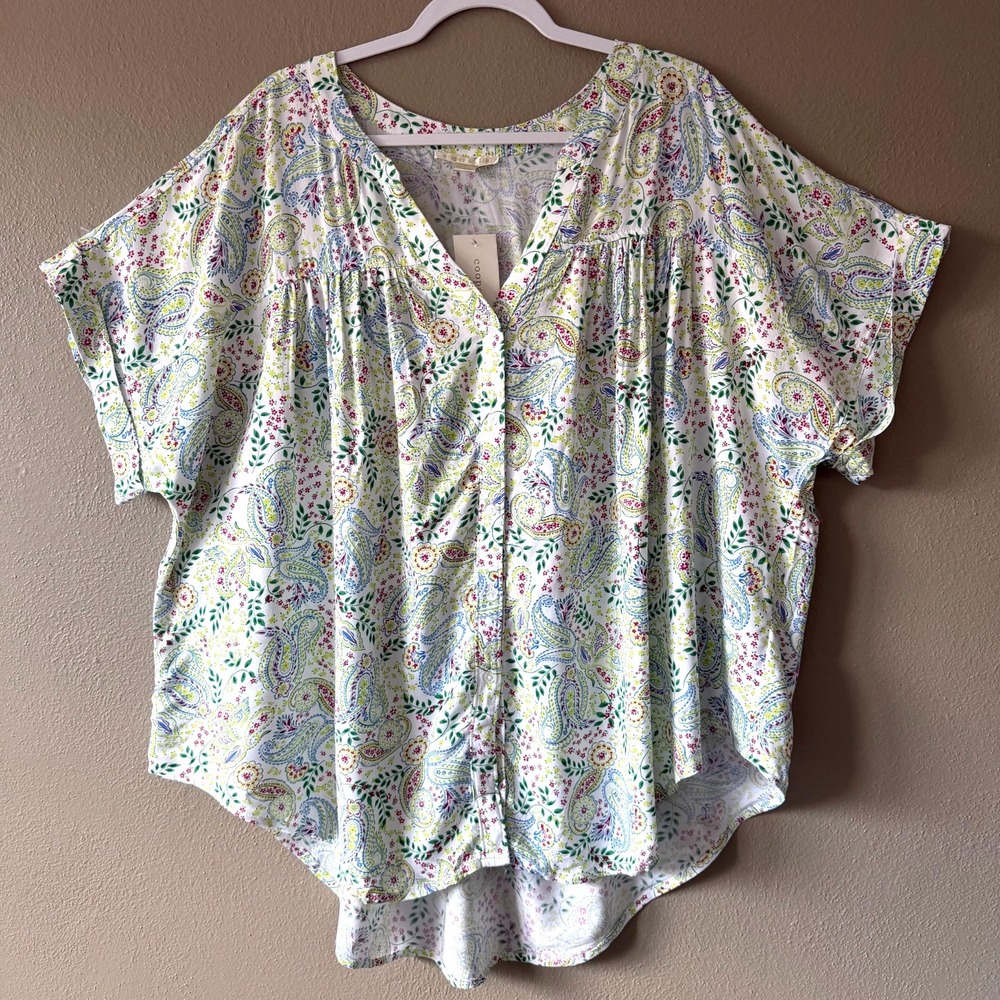 Cooper & Ella‎ Womens Plus Paisley Floral Button Down Peasant Top Blouse 3X